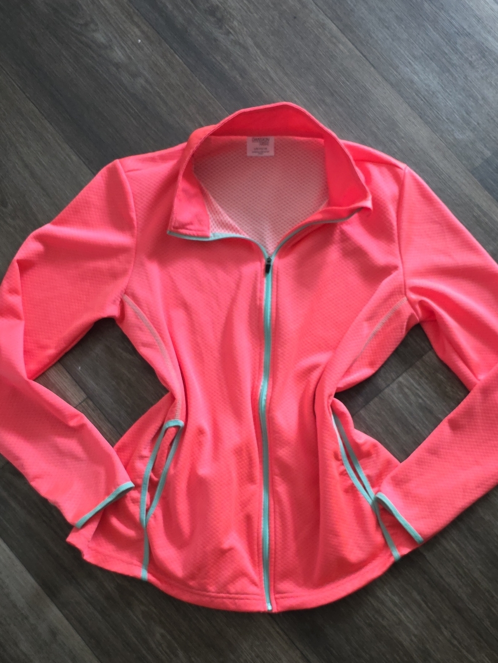 Danskin Neon Coral Zip-Front Bomber Jacket with Aqua Trim